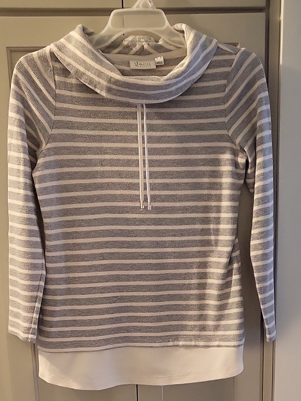 Denim & Co. Light Gray & White Striped Cowl Neck Thermal Top